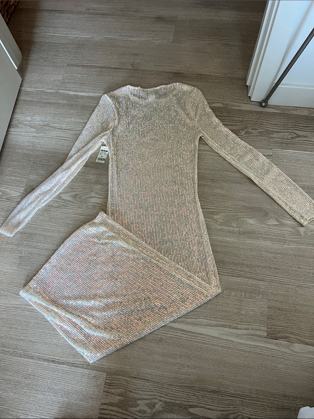 Fashion Nova Iridescent Ivory Long Sleeve Maxi Dress